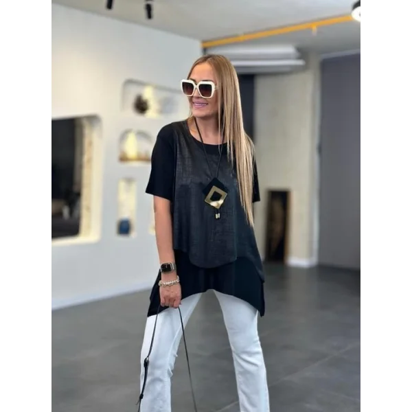 Kadın Kısa Kollu Bisiklet Yaka Yelek Bluz Asimetrik Kesim İkili Takım
