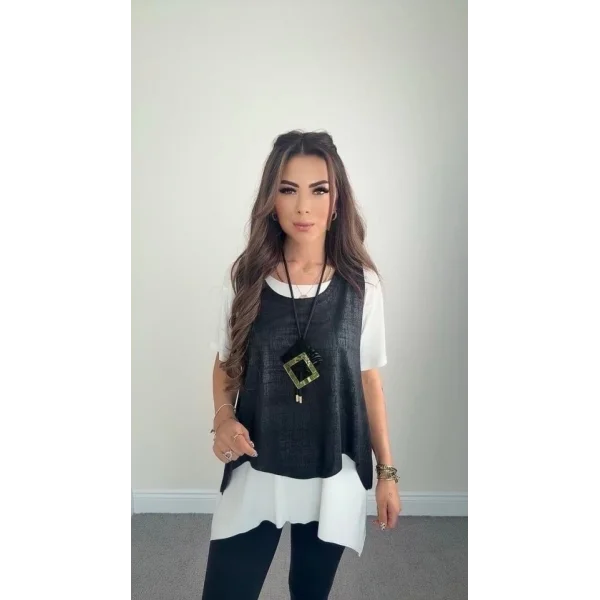 Kadın Kısa Kollu Bisiklet Yaka Yelek Bluz Asimetrik Kesim İkili Takım