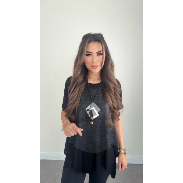 Kadın Kısa Kollu Bisiklet Yaka Yelek Bluz Asimetrik Kesim İkili Takım