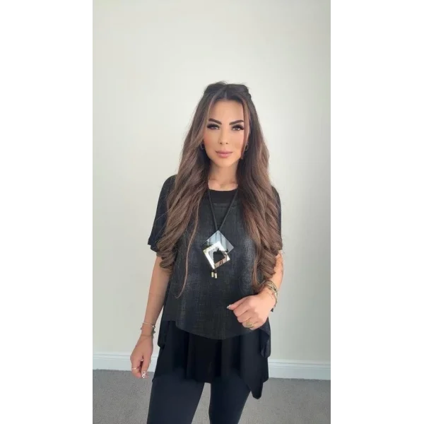 Kadın Kısa Kollu Bisiklet Yaka Yelek Bluz Asimetrik Kesim İkili Takım