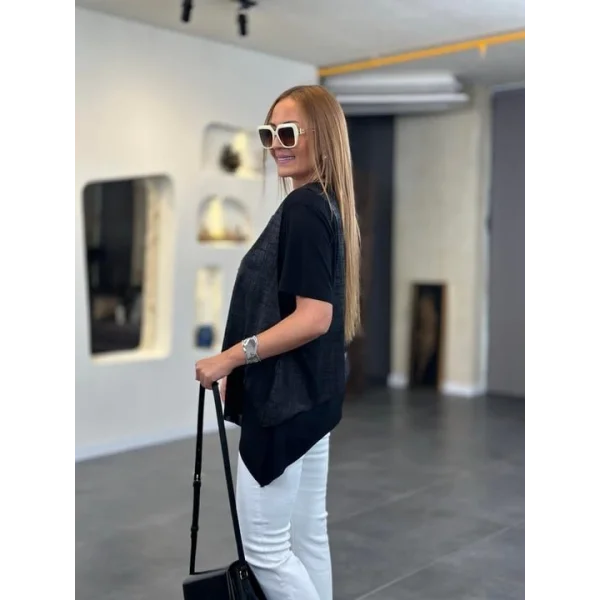 Kadın Kısa Kollu Bisiklet Yaka Yelek Bluz Asimetrik Kesim İkili Takım