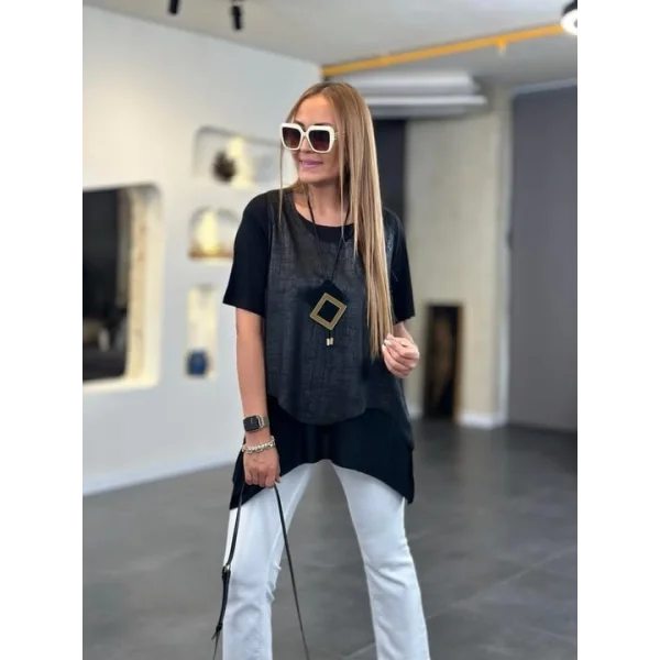 Kadın Kısa Kollu Bisiklet Yaka Yelek Bluz Asimetrik Kesim İkili Takım