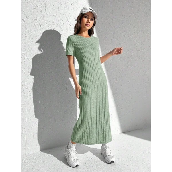 Kadın Kısa Kollu Bisiklet Yaka Yırtmaç Detay Fitilli Kaşkorse Tam Boy Elbise