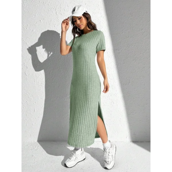 Kadın Kısa Kollu Bisiklet Yaka Yırtmaç Detay Fitilli Kaşkorse Tam Boy Elbise