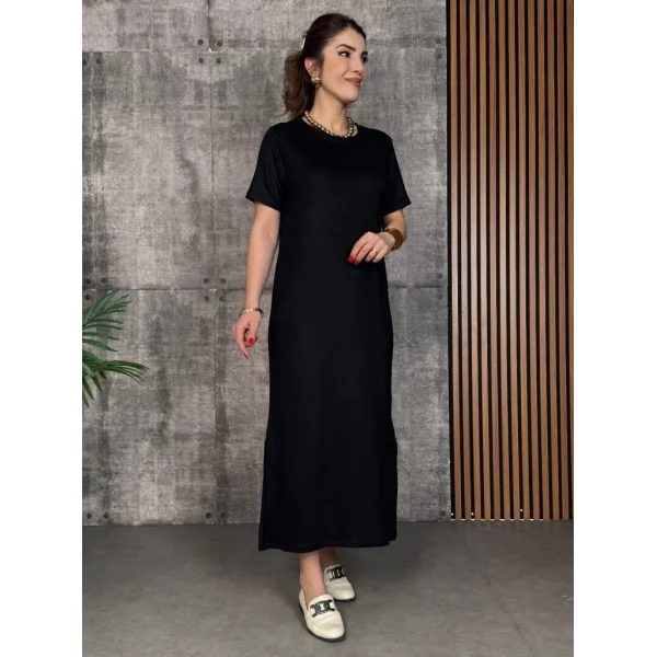 Kadın Kısa Kollu Bisiklet Yaka Yırtmaçlı Viskon Iki Iplik Elbise