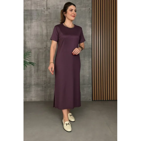 Kadın Kısa Kollu Bisiklet Yaka Yırtmaçlı Viskon Iki Iplik Elbise