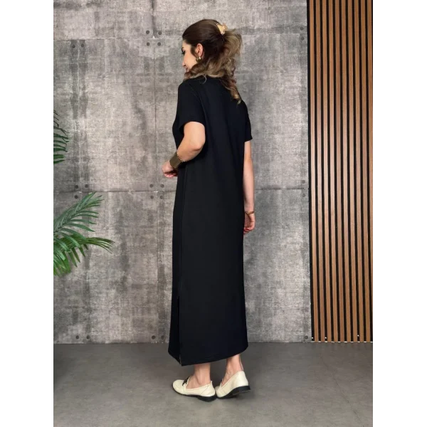 Kadın Kısa Kollu Bisiklet Yaka Yırtmaçlı Viskon Iki Iplik Elbise