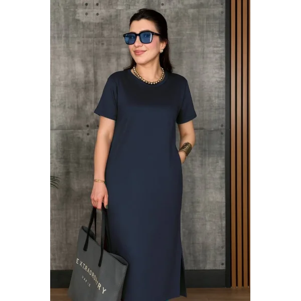 Kadın Kısa Kollu Bisiklet Yaka Yırtmaçlı Viskon Iki Iplik Elbise