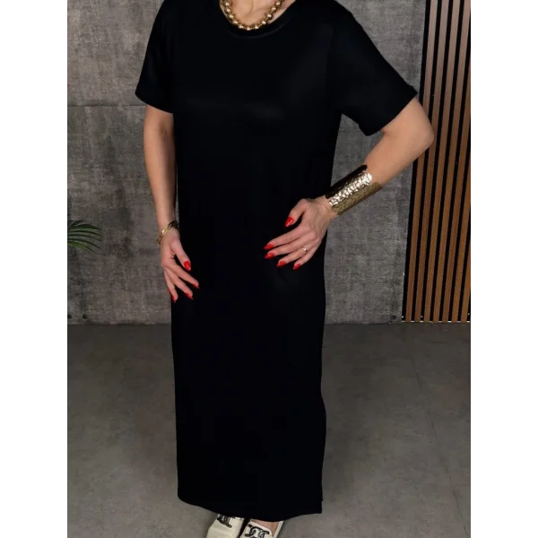 Kadın Kısa Kollu Bisiklet Yaka Yırtmaçlı Viskon Iki Iplik Elbise