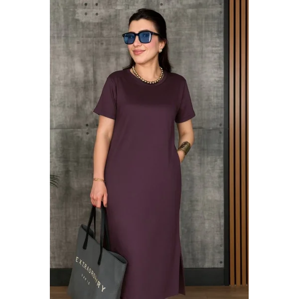 Kadın Kısa Kollu Bisiklet Yaka Yırtmaçlı Viskon Iki Iplik Elbise