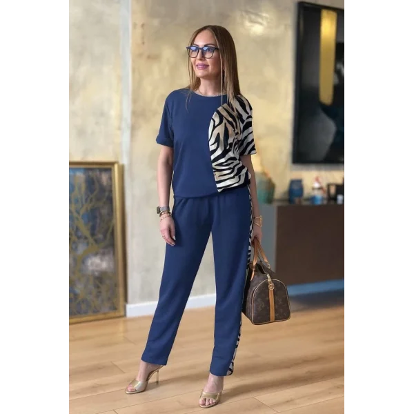 Kadın Kısa Kollu Bisiklet Yaka Zebra Desen Bluz Ve Pantolon Ikili Takım