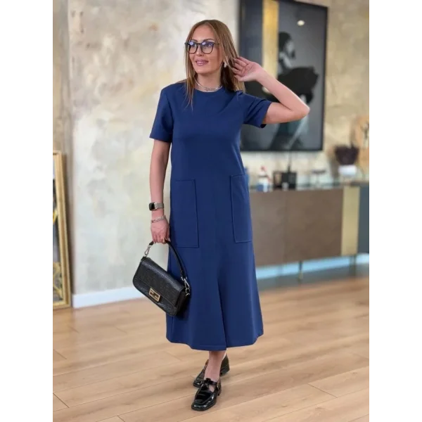 Kadın Kısa Kollu Bisiklet Yakalı Cepli önden Yırtmaçlı Viskon Iki Iplik Midi Elbise