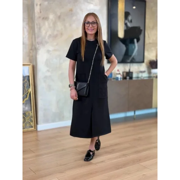 Kadın Kısa Kollu Bisiklet Yakalı Cepli önden Yırtmaçlı Viskon Iki Iplik Midi Elbise