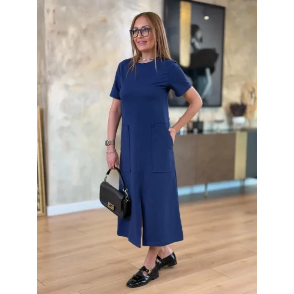 Kadın Kısa Kollu Bisiklet Yakalı Cepli önden Yırtmaçlı Viskon Iki Iplik Midi Elbise