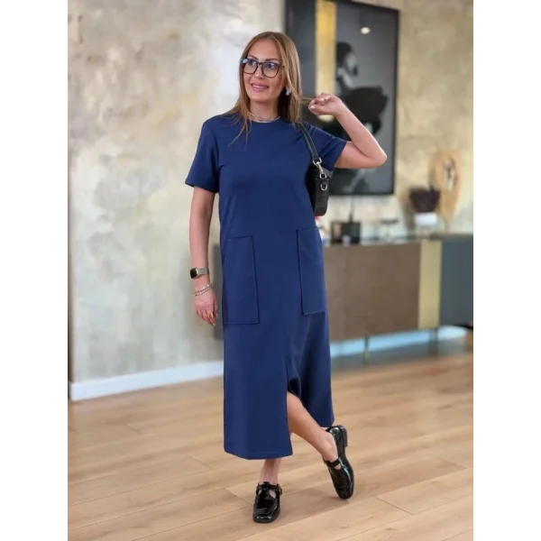 Kadın Kısa Kollu Bisiklet Yakalı Cepli önden Yırtmaçlı Viskon Iki Iplik Midi Elbise