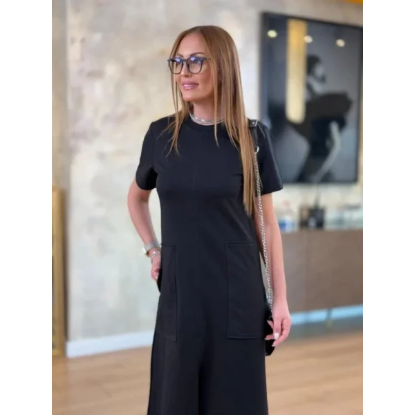 Kadın Kısa Kollu Bisiklet Yakalı Cepli önden Yırtmaçlı Viskon Iki Iplik Midi Elbise