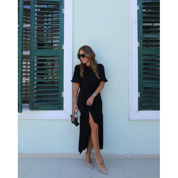 Kadın Kısa Kollu Bisiklet Yakalı Yandan Yırtmaçlı Büzgülü Janjan Krep Elbise