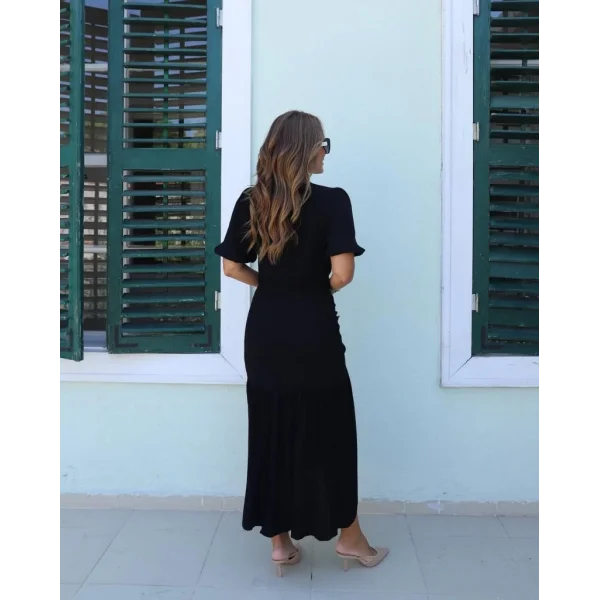 Kadın Kısa Kollu Bisiklet Yakalı Yandan Yırtmaçlı Büzgülü Janjan Krep Elbise