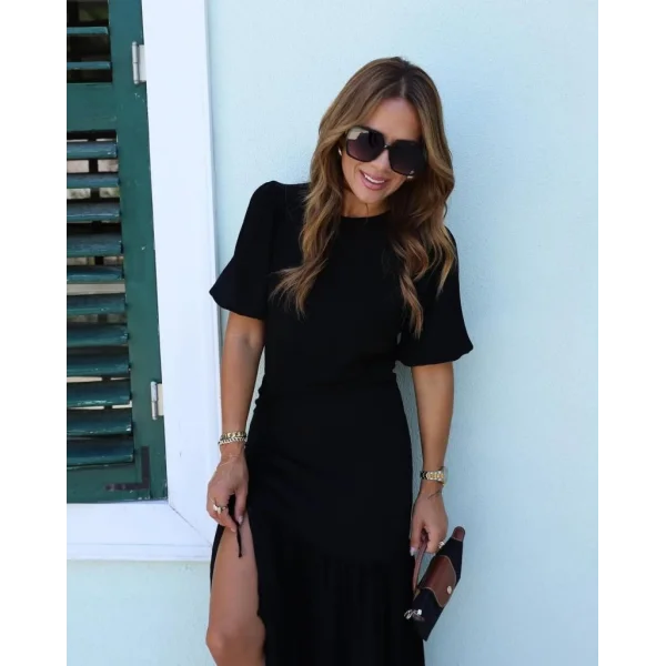 Kadın Kısa Kollu Bisiklet Yakalı Yandan Yırtmaçlı Büzgülü Janjan Krep Elbise