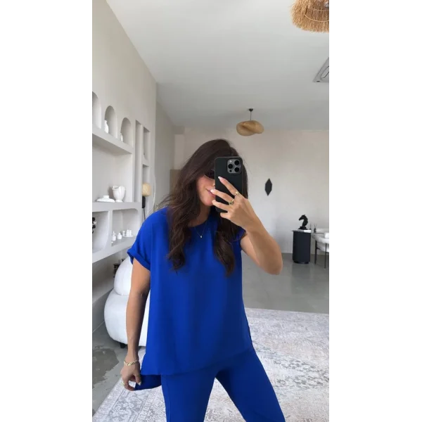 Kadın Kısa Kollu Bluz Ve Bileği Pens Detay Pantolon Ikili Takım