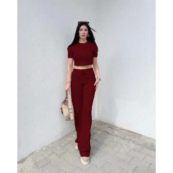 Kadın Kısa Kollu Bluz Ve Yüksek Bel Bol Baça Pantolon Ikili Takım