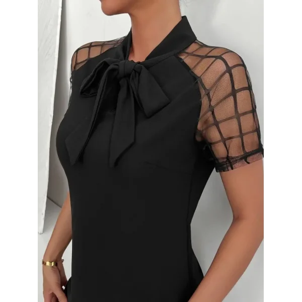 Kadın Kısa Kollu Boyundan Bağlamalı Omuzlarda Tül Detaylı Janjan Krep Elbise