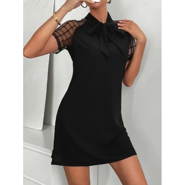 Kadın Kısa Kollu Boyundan Bağlamalı Omuzlarda Tül Detaylı Janjan Krep Elbise