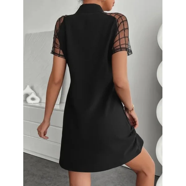 Kadın Kısa Kollu Boyundan Bağlamalı Omuzlarda Tül Detaylı Janjan Krep Elbise