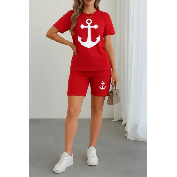 Kadın Kısa Kollu çapa Baskılı Viskon Ikili Takım