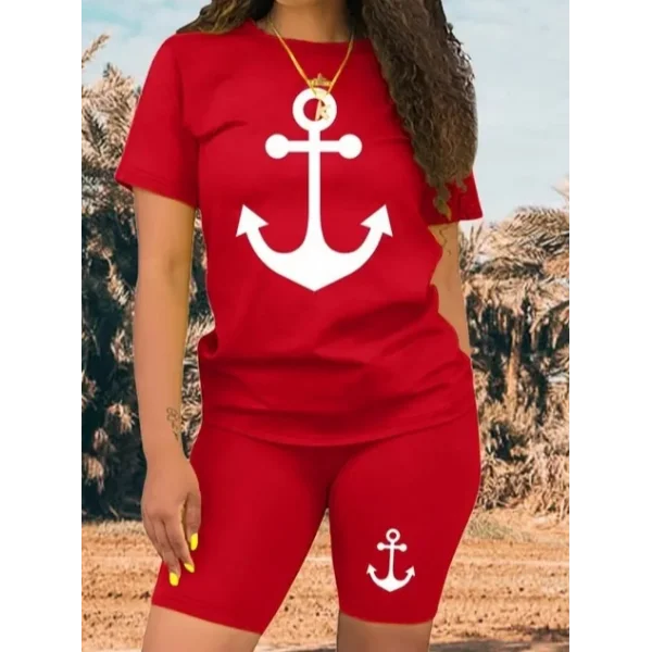 Kadın Kısa Kollu çapa Baskılı Viskon Ikili Takım