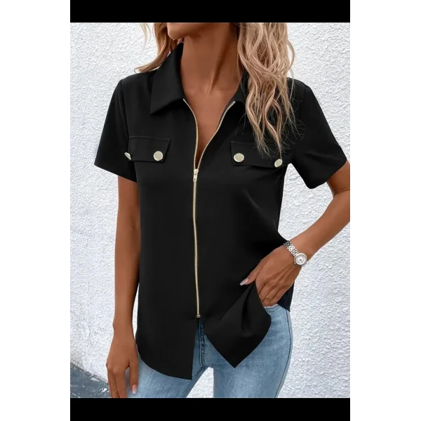 Kadın Kısa Kollu Ceket Yaka önü Fermuarlı Cep Detay Kısa Kol Ithal Krep Bluz