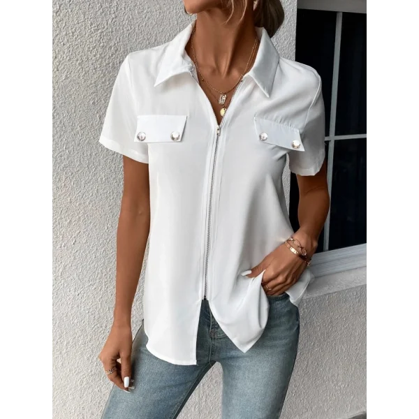 Kadın Kısa Kollu Ceket Yaka önü Fermuarlı Cep Detay Kısa Kol Ithal Krep Bluz