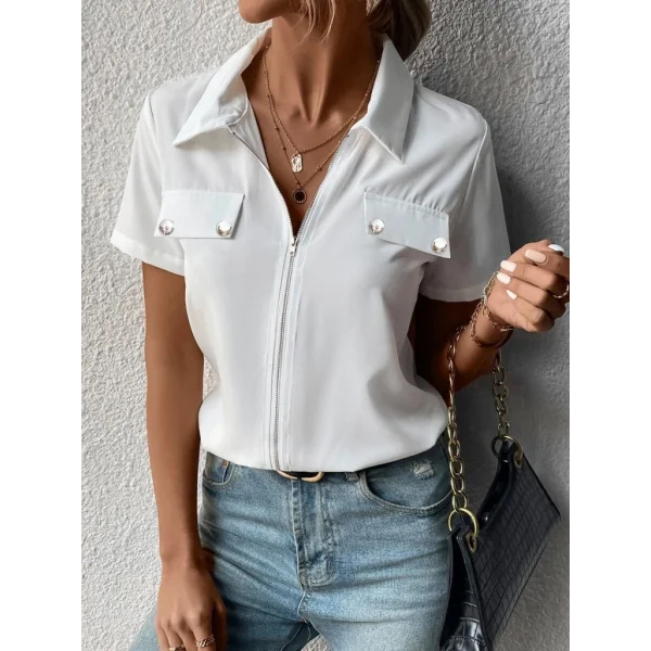 Kadın Kısa Kollu Ceket Yaka önü Fermuarlı Cep Detay Kısa Kol Ithal Krep Bluz