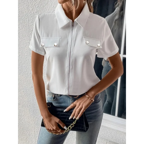 Kadın Kısa Kollu Ceket Yaka önü Fermuarlı Cep Detay Kısa Kol Ithal Krep Bluz