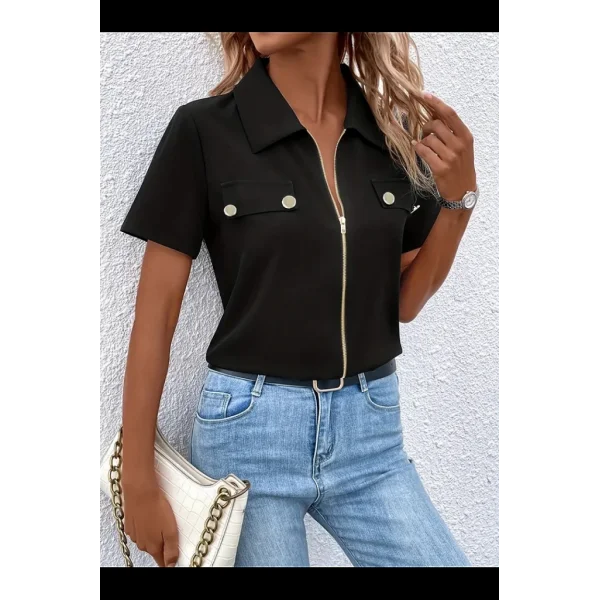 Kadın Kısa Kollu Ceket Yaka önü Fermuarlı Cep Detay Kısa Kol Ithal Krep Bluz