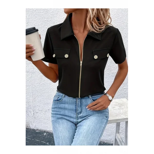 Kadın Kısa Kollu Ceket Yaka önü Fermuarlı Cep Detay Kısa Kol Ithal Krep Bluz