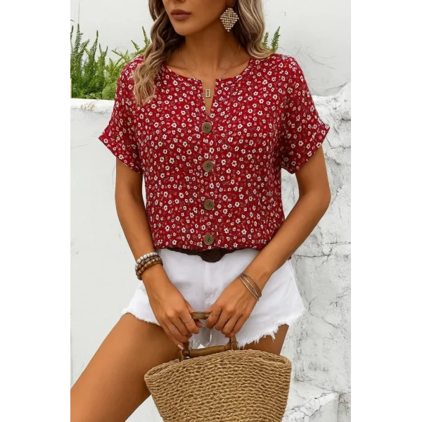 Kadın Kısa Kollu çentikli V Yaka Ve Düğme Detaylı çiçek Desenli Süprem Bluz