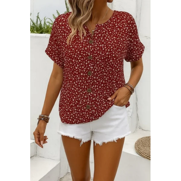 Kadın Kısa Kollu çentikli V Yaka Ve Düğme Detaylı çiçek Desenli Süprem Bluz
