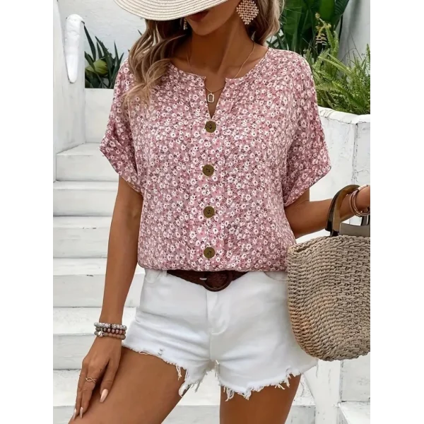 Kadın Kısa Kollu çentikli V Yaka Ve Düğme Detaylı çiçek Desenli Süprem Bluz