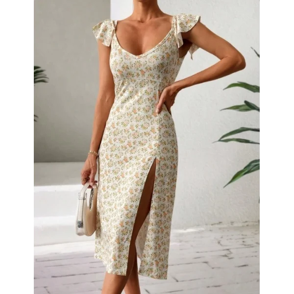 Kadın Kısa Kollu çiçek Desen Yırtmaçlı Süprem Elbise