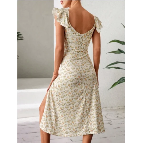Kadın Kısa Kollu çiçek Desen Yırtmaçlı Süprem Elbise