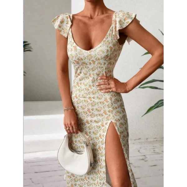 Kadın Kısa Kollu çiçek Desen Yırtmaçlı Süprem Elbise