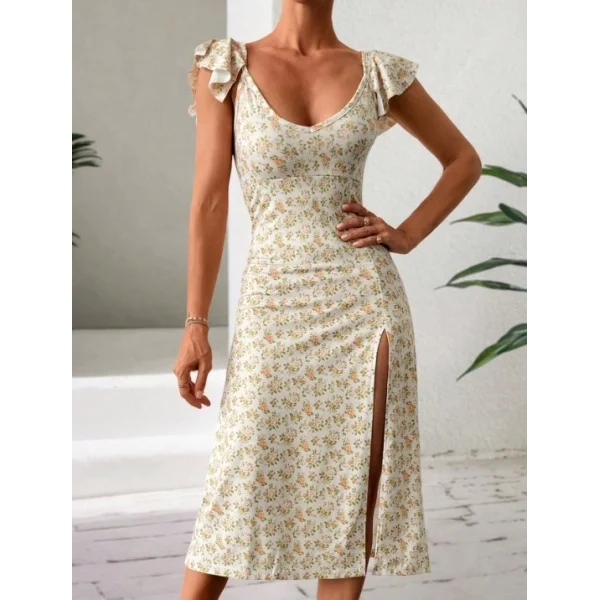 Kadın Kısa Kollu çiçek Desen Yırtmaçlı Süprem Elbise