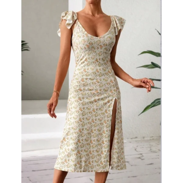 Kadın Kısa Kollu çiçek Desen Yırtmaçlı Süprem Elbise