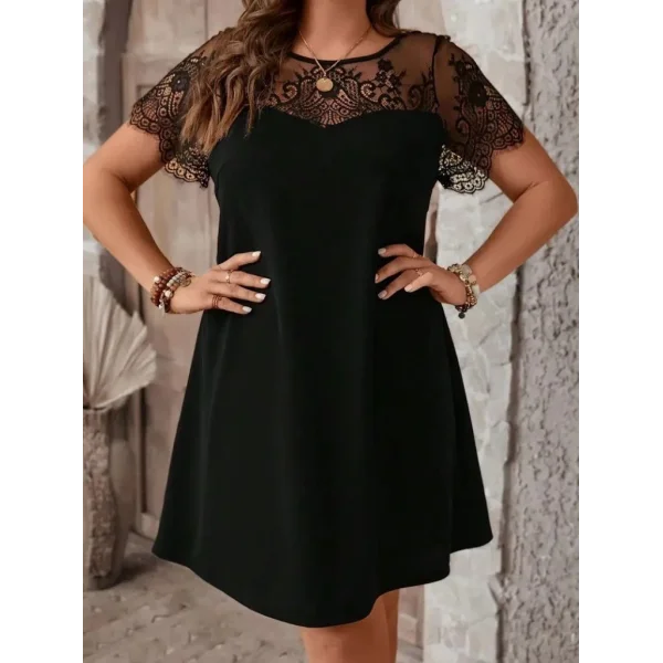 Kadın Kısa Kollu Dantel Bisiklet Yaka Ve Kol Dantel Detaylı Janjan Krep Elbise