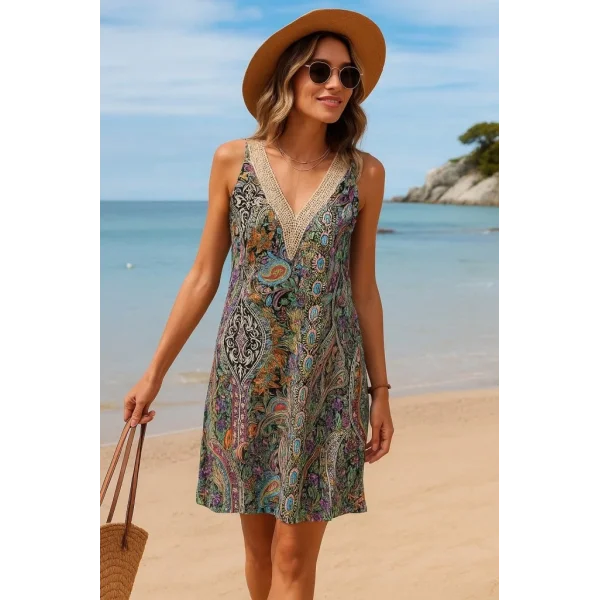 Kadın Kısa Kollu Dantel V Yakalı Desenli Süprem Elbise