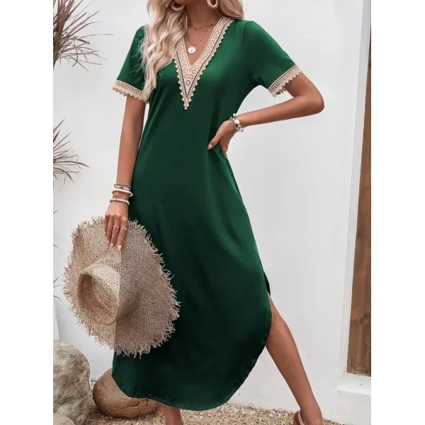 Kadın Kısa Kollu Dantel V Yakalı Uzun Viskon Elbise