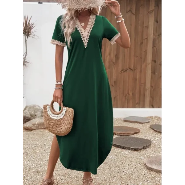 Kadın Kısa Kollu Dantel V Yakalı Uzun Viskon Elbise