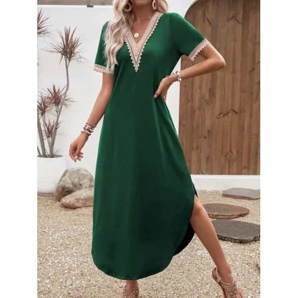 Kadın Kısa Kollu Dantel V Yakalı Uzun Viskon Elbise