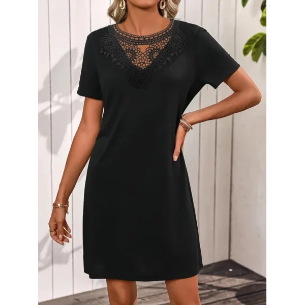 Kadın Kısa Kollu Dantel Yakalı Kısa Viskon Elbise